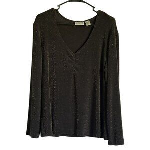 Chicos Travelers Womens Brown Sparkly Gold V-Neck Top Size 2 Holiday Large